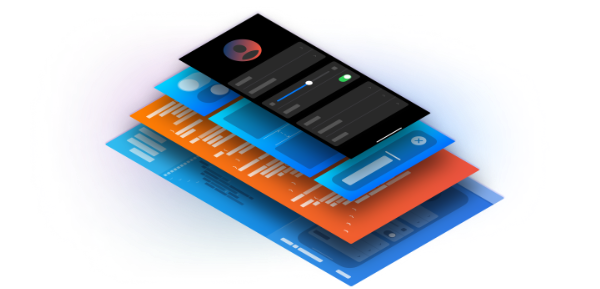 Illustration of a stack of four abstract items depicting the instructional content of Develop in Swift Tutorials. The bottom layer represents Xcode; above it are layers depicting Swift code, several components of SwiftUI, and a screen from an app.