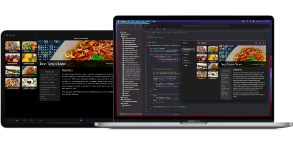 A photograph of an iPad and a Mac laptop. The screen of the iPad shows the tutorial example app, Recipes, and the laptop displays Xcode and the Recipes app.