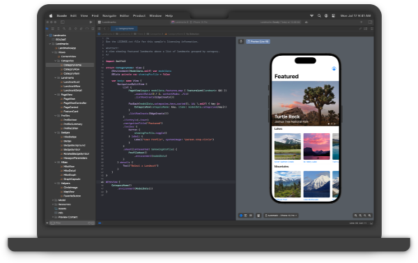 An illustration of an open MacBook Pro, displaying a screenshot of Xcode in Dark mode. In Xcode, the left panel shows the Project navigator, the code editor is at center, and the right side of Xcode’s window shows the canvas preview, displaying the sample app that you will build in this tutorial — Landmarks.